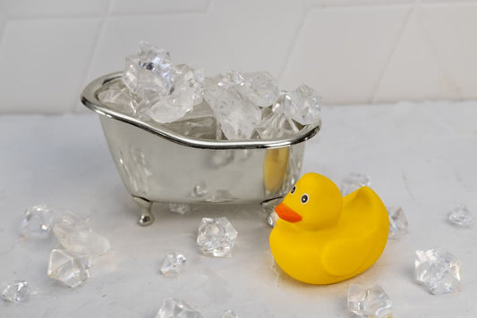 Miniature silver bathtub filled with ice cubes and a yellow rubber ducky, representing cold plunge maintenance and ice bath supplies.
